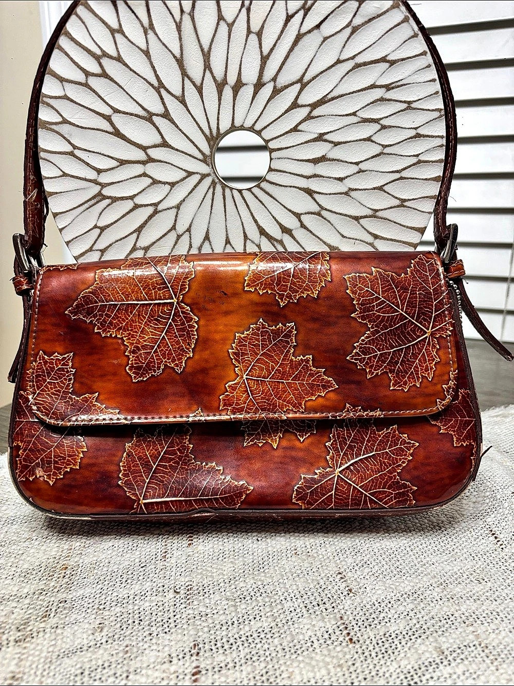 Brown & Gold Leaf-Embellished Shoulder Bag
